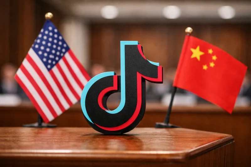 Acordo mediado por Trump preserva controlo chinês do TikTok Logótipo do TikTok entre as bandeiras dos EUA e da China