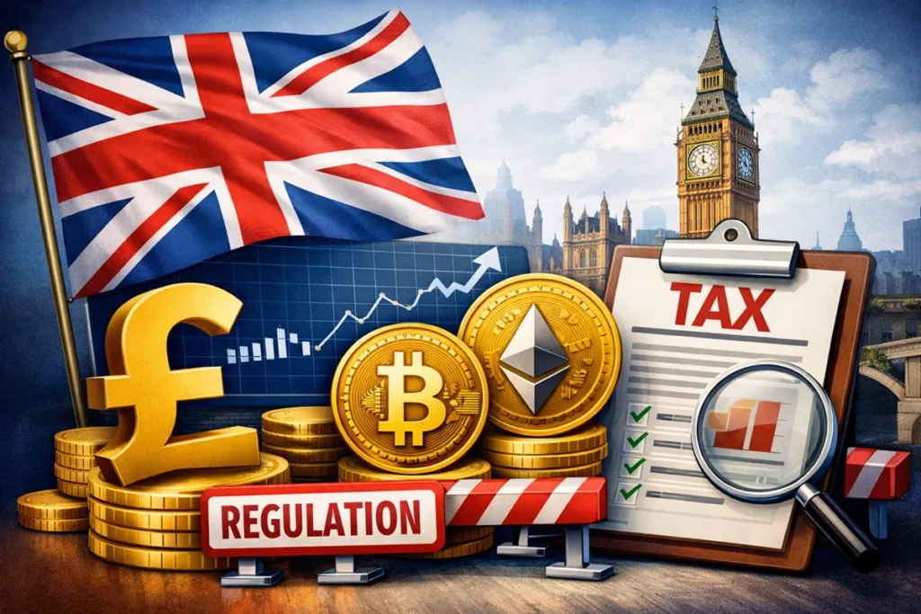 Ilustração sobre regulação e fiscalidade de criptoactivos no Reino Unido