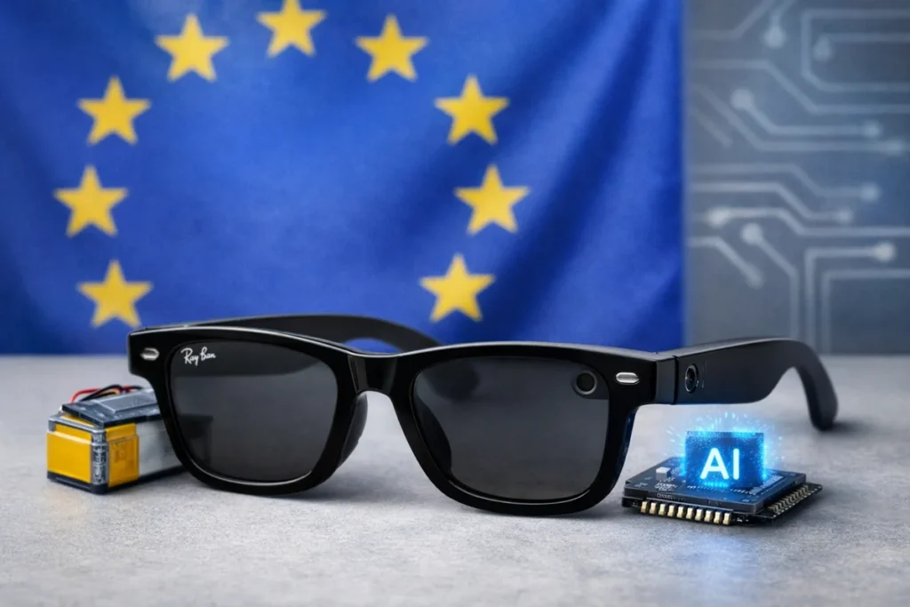 Óculos inteligentes da Meta com referência visual à União Europeia e às regras sobre baterias e inteligência artificial.