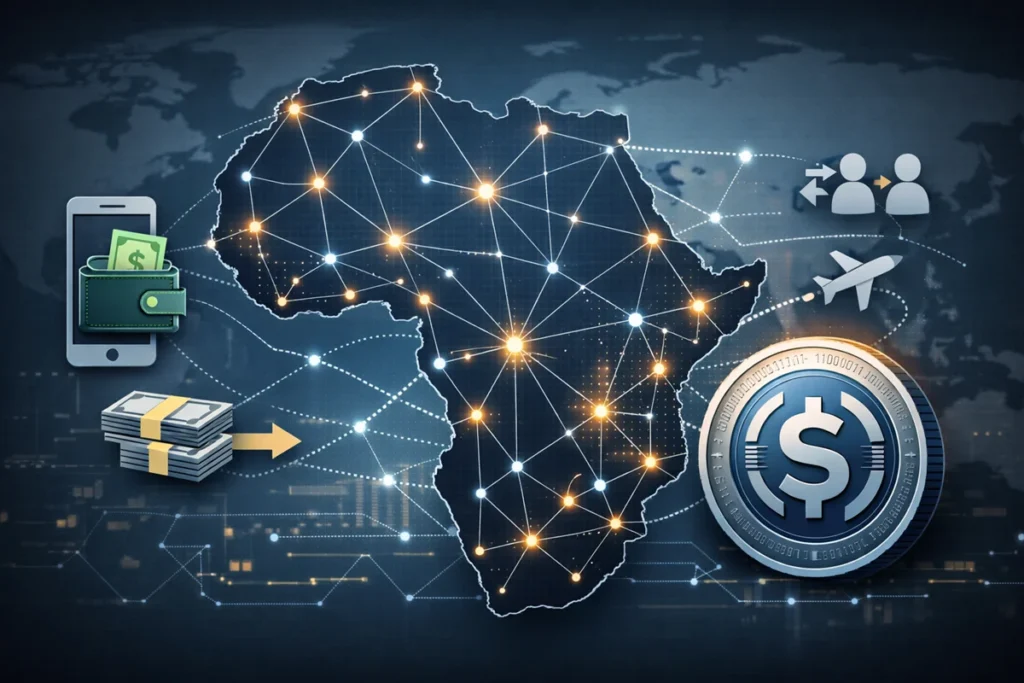 Ilustração sobre expansão do USDC em África através de pagamentos e remessas digitais