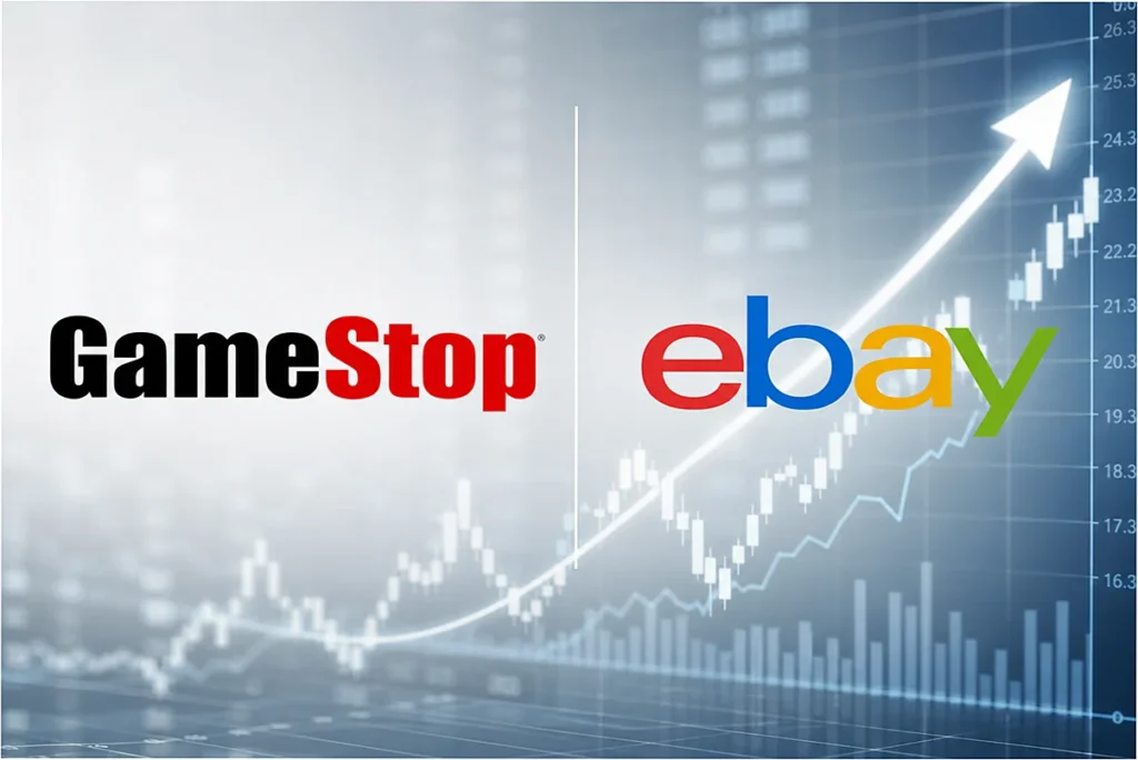 Logótipos da GameStop e da eBay numa composição editorial sobre OPA hostil no mercado tecnológico
