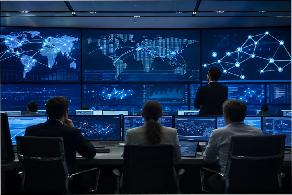 Sala de operações financeiras com ecrãs digitais globais a representar testes de pagamentos transfronteiriços em blockchain por bancos centrais