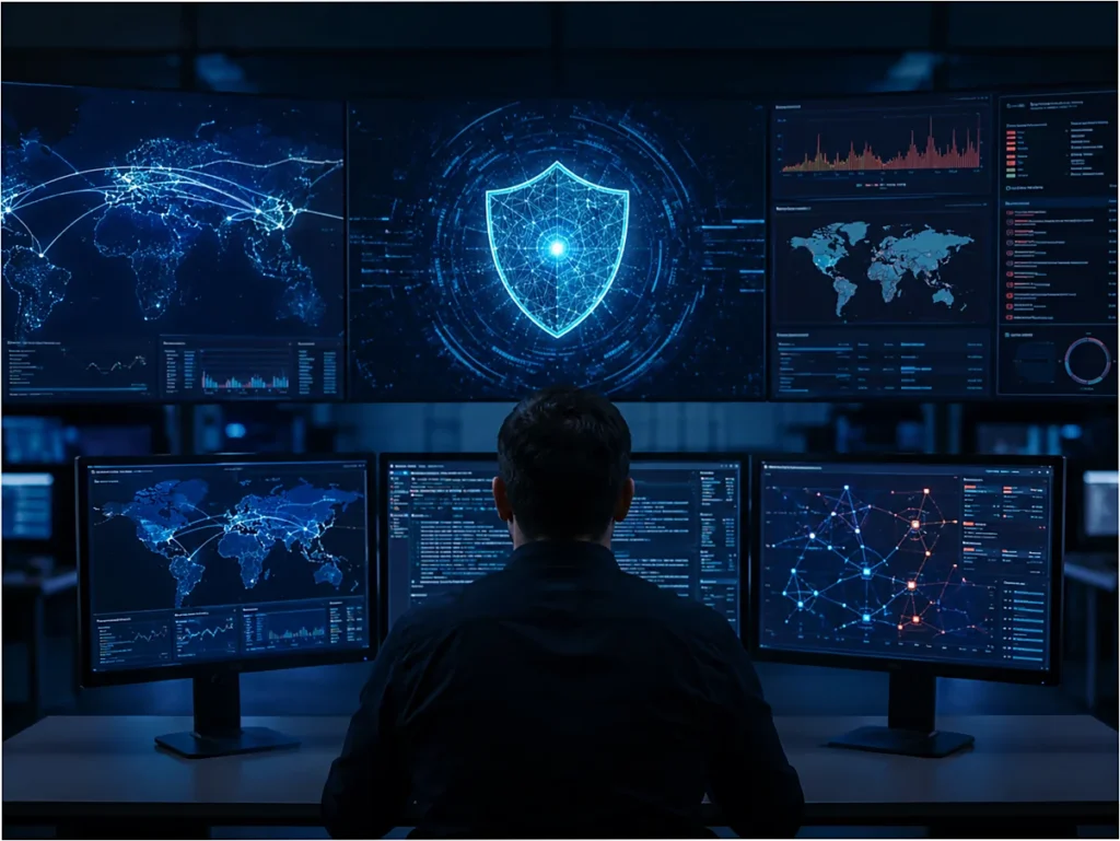 Centro de operações de cibersegurança com ecrãs digitais e escudo abstracto de inteligência artificial.