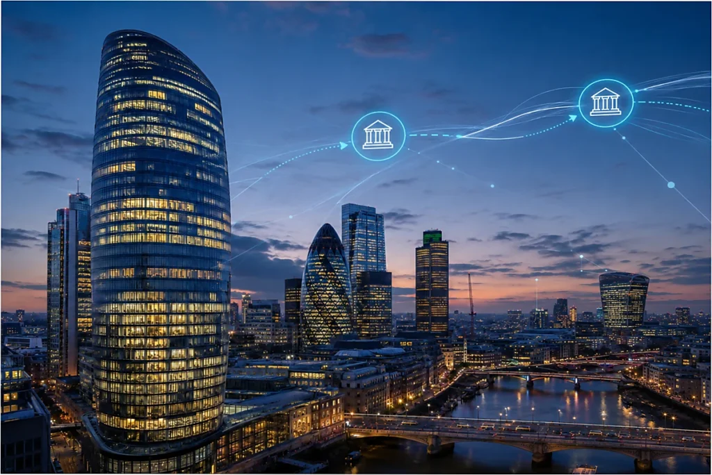 Distrito financeiro de Londres com ícones digitais de bancos ligados por pagamentos open banking