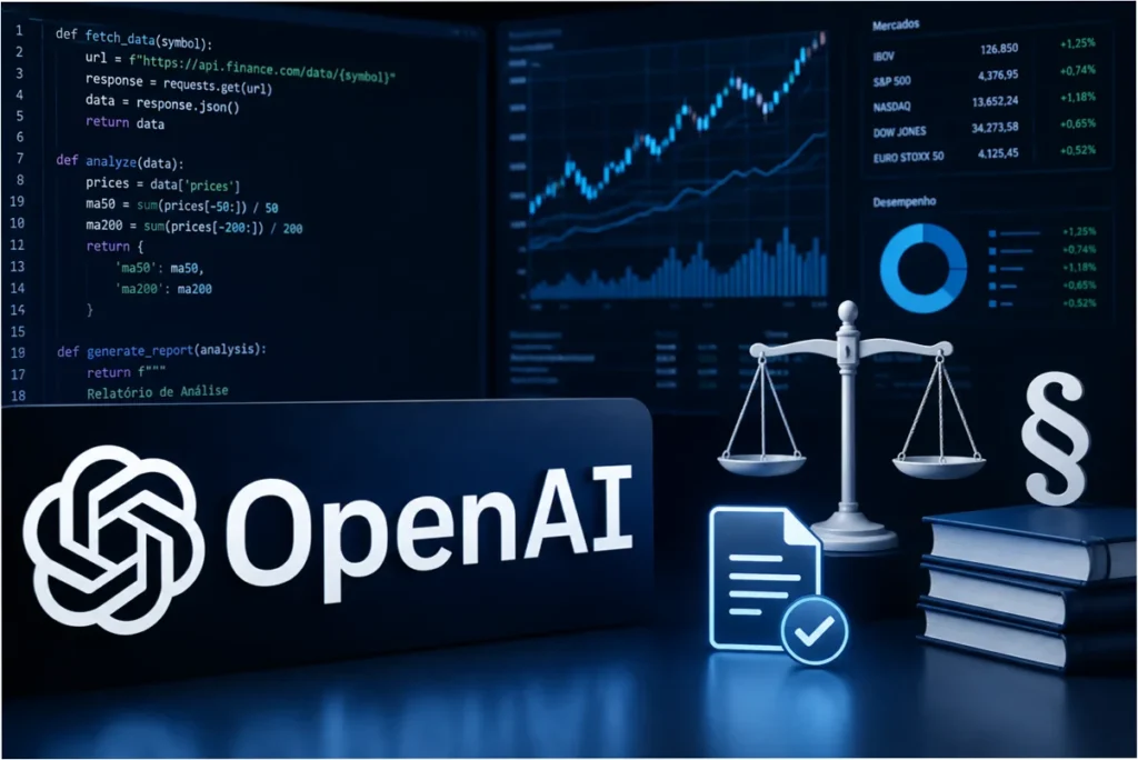 Logótipo da OpenAI com dashboards financeiros, código de programação e símbolos jurídicos, ilustrando a expansão da IA para finanças e serviços jurídicos.
