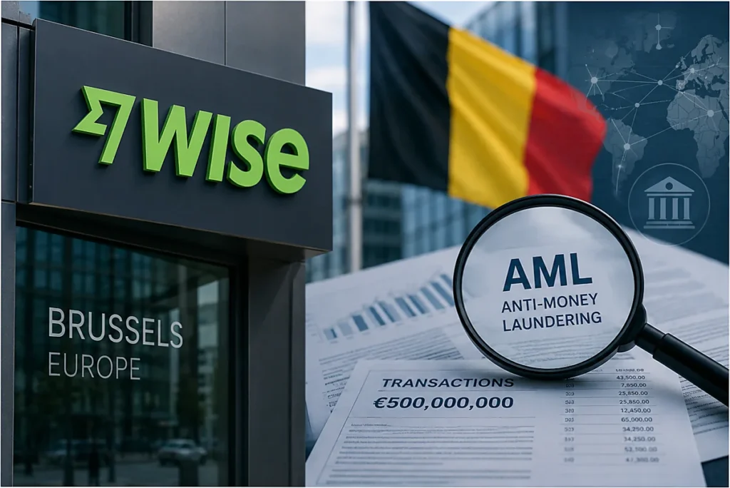Logótipo da Wise com elementos visuais relacionados com combate ao branqueamento de capitais durante investigação conduzida pelas autoridades belgas.